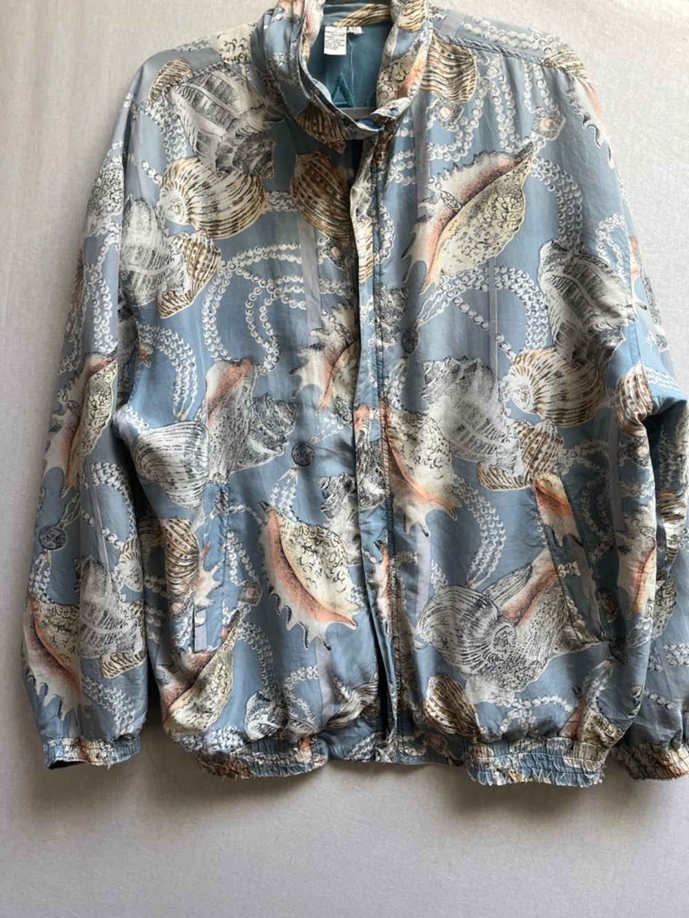 Vintage Coaco Silk Seashell Print Zip Up Bomber Jacket Windbreaker Sz XL